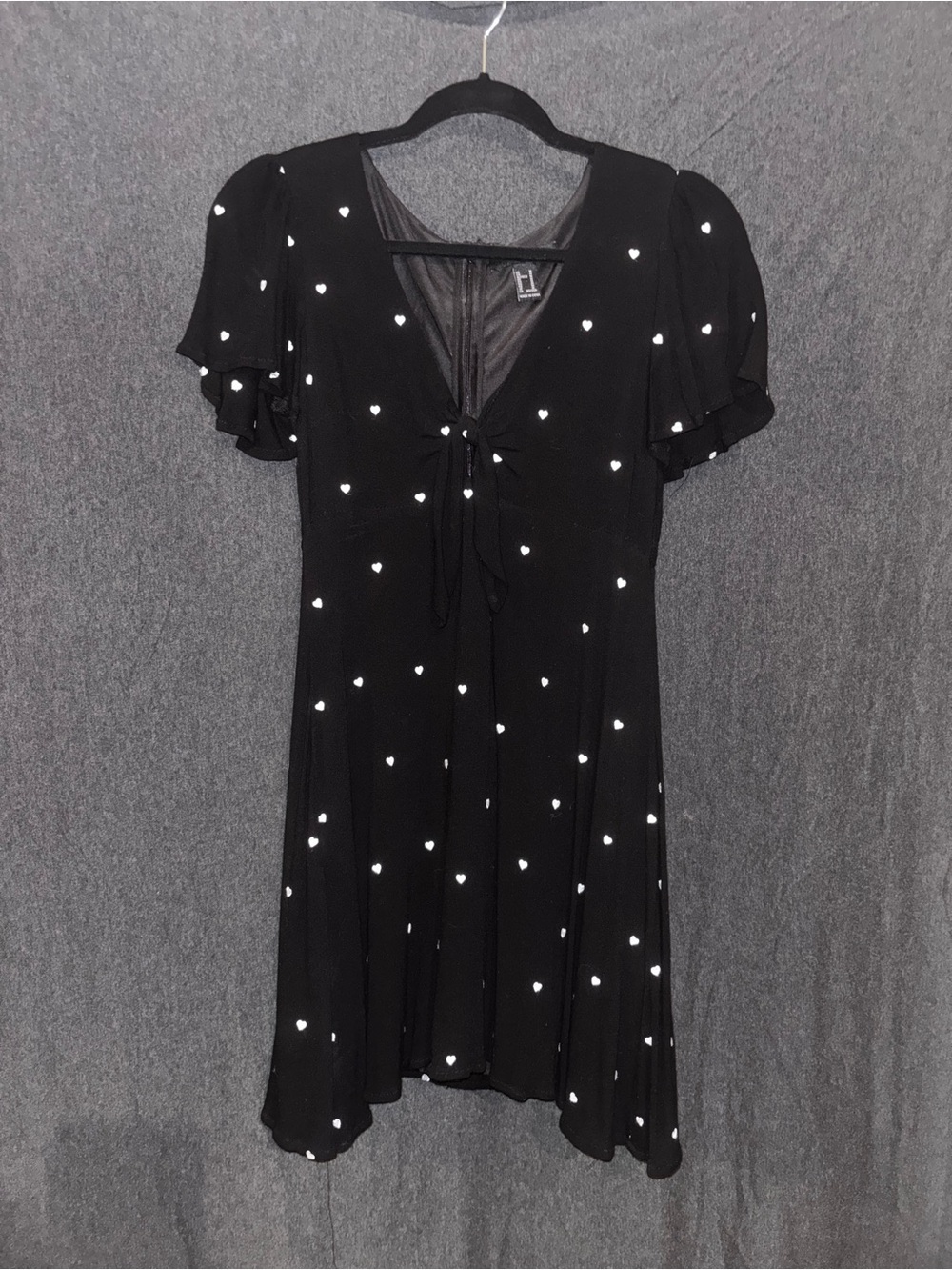 Black Heart-Print Tie-Front Flutter Sleeve Dress